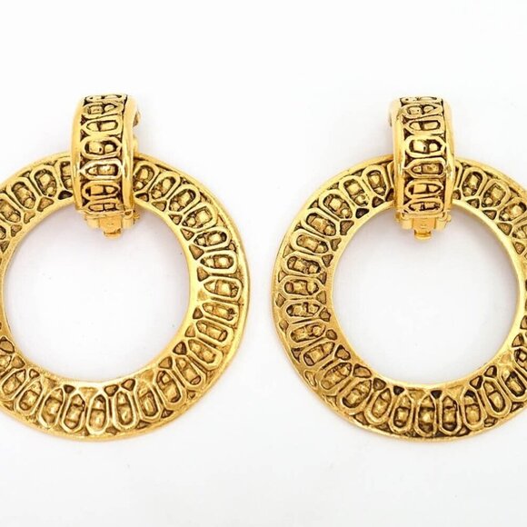 CHANEL 2 way Hoop Dangle Clip-On Earrings Gold Tone Auth #31486 - Picture 1 of 5